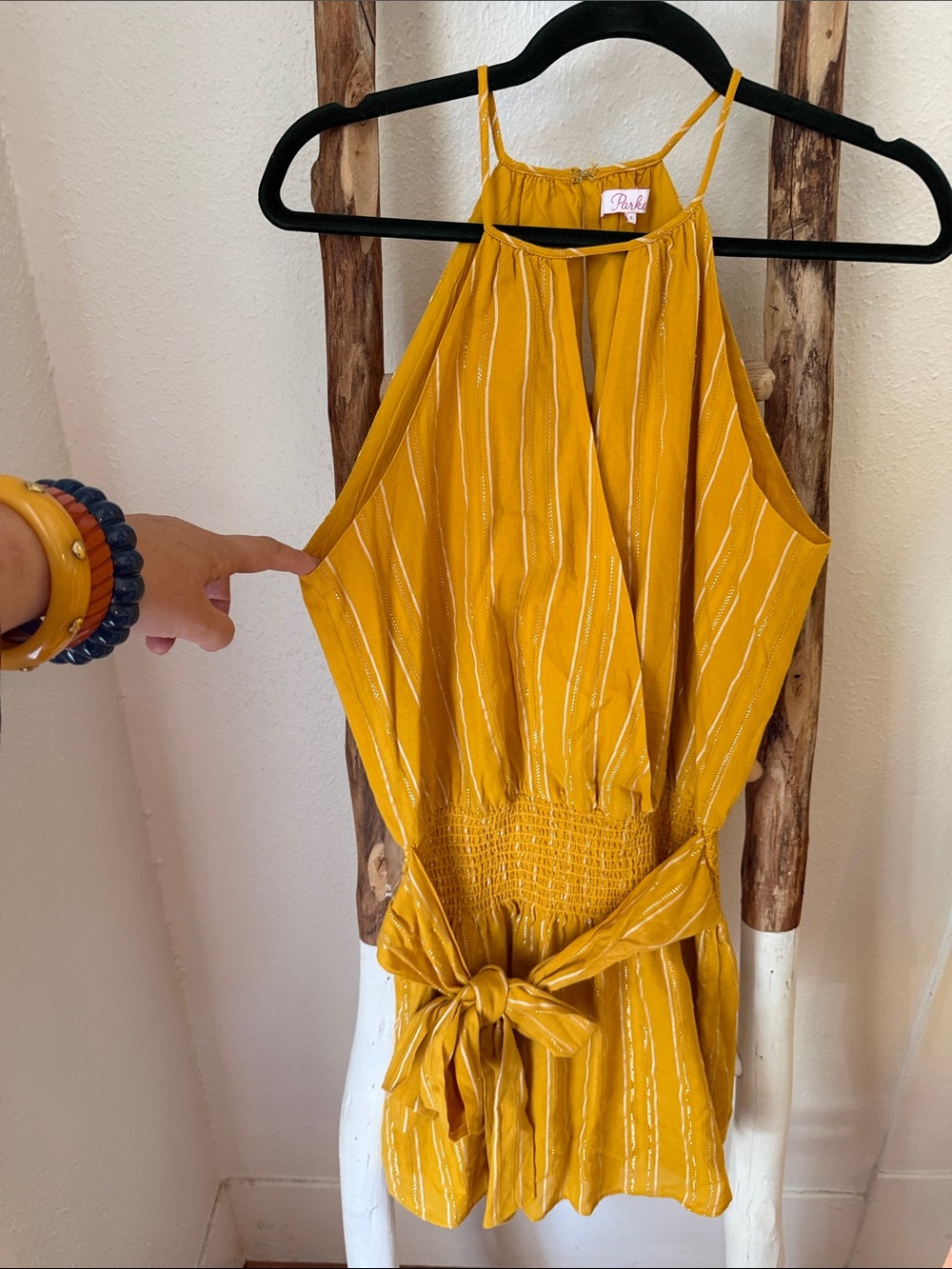 Parker Mustard Yellow Striped Halter Cotton Keyhole Mini Dress Small